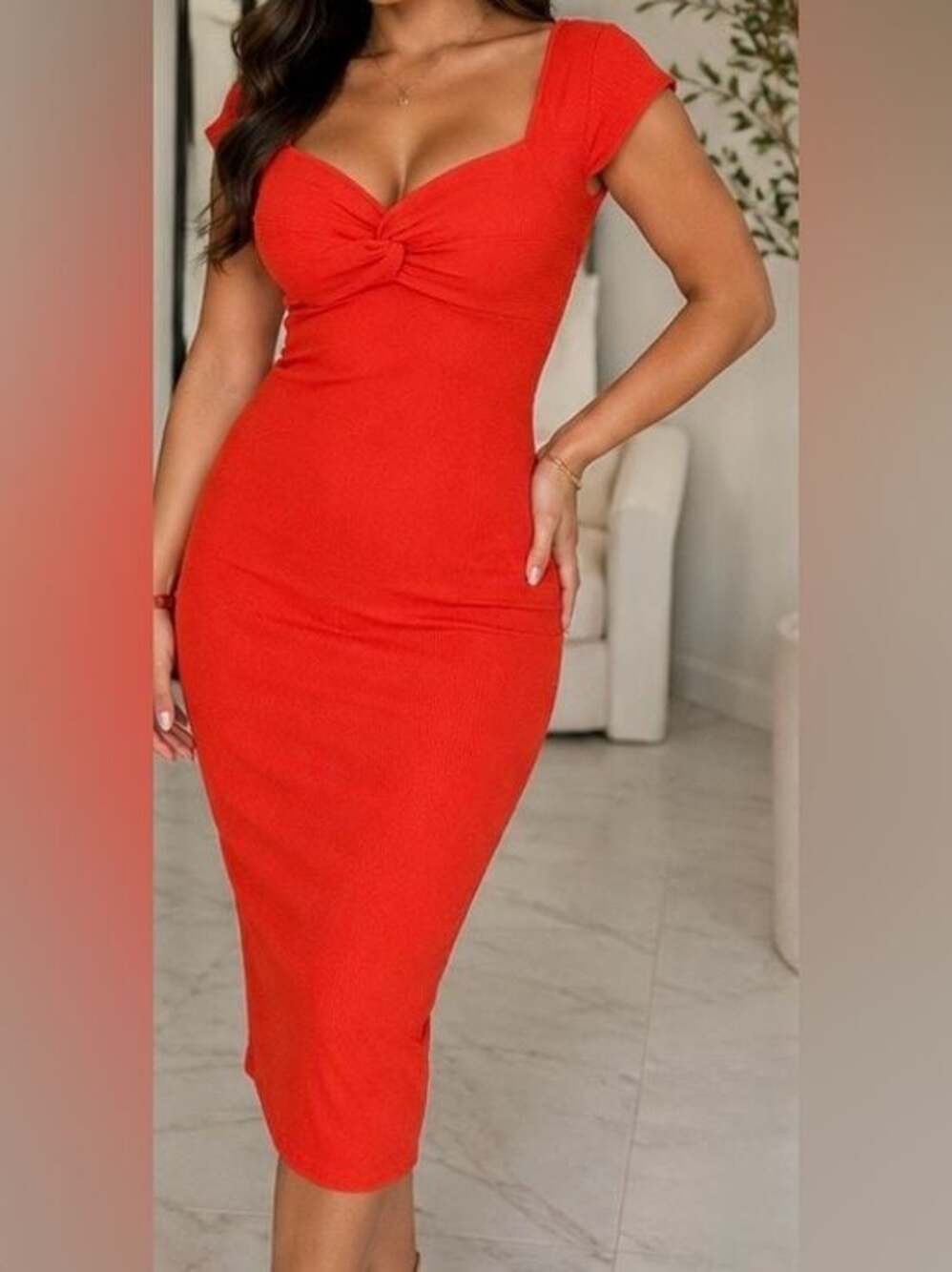 Express Red-Orange Twist Front Bodycon Midi Dress – Size S/M